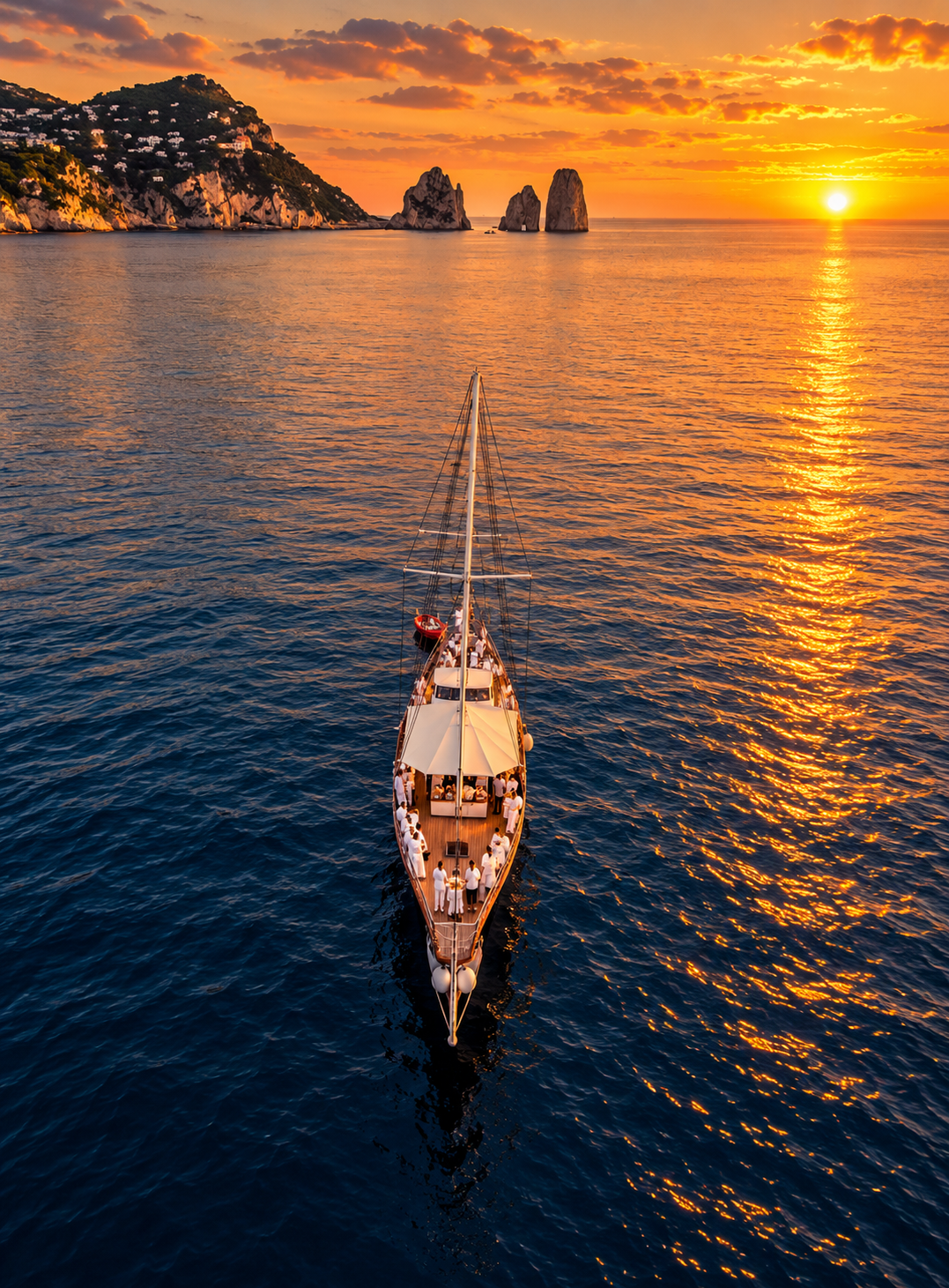 Veliero Tortuga al tramonto con i Faraglioni di Capri sullo sfondo