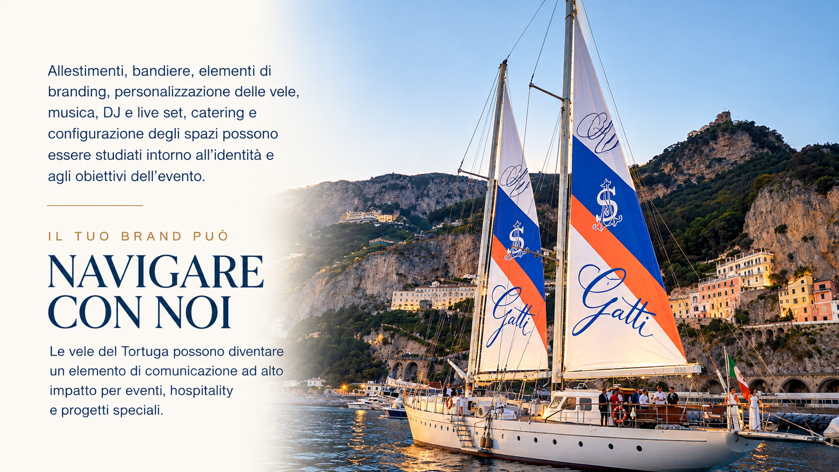 Veliero Tortuga con vele personalizzate per eventi corporate e branding