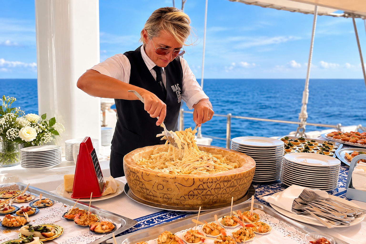 Scialatielli serviti nella forma di Parmigiano a bordo del Veliero Tortuga