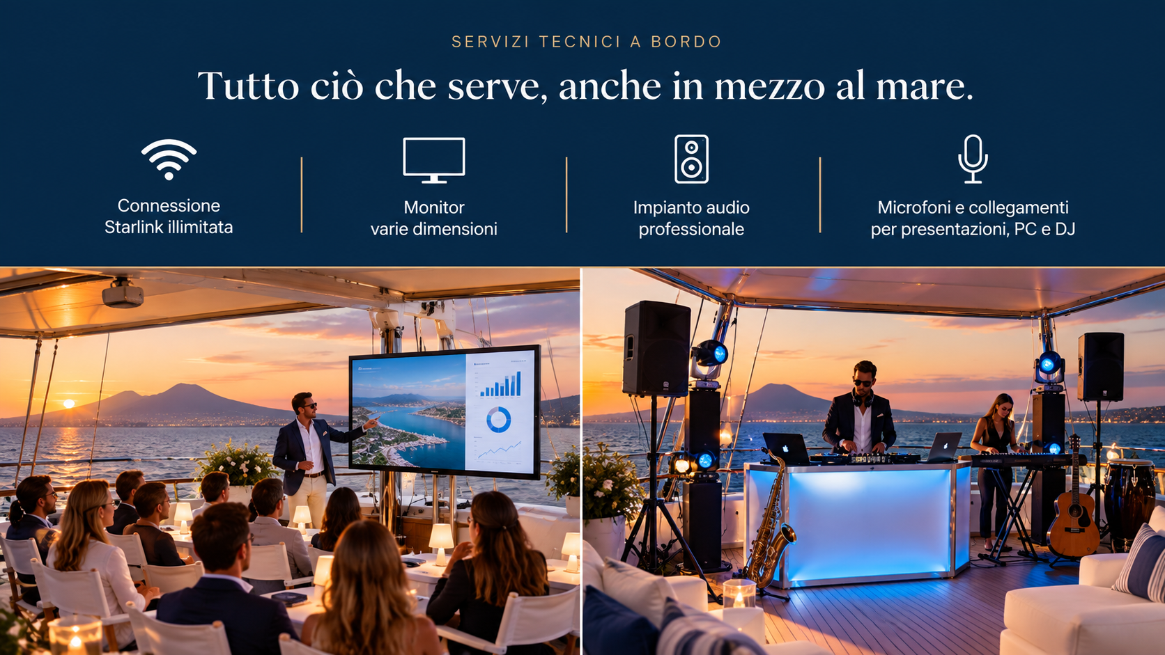 Servizi tecnici per eventi corporate a bordo del Veliero Tortuga: Starlink, monitor, audio e microfoni