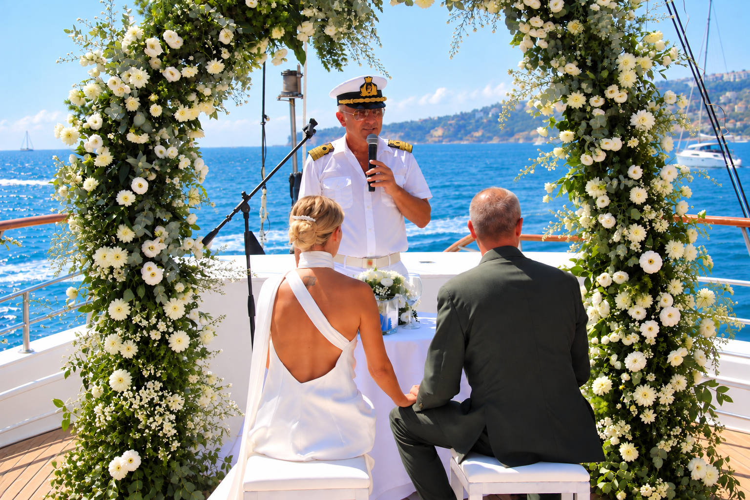 Il Comandante del Veliero Tortuga celebra gli sposi a bordo sotto un arco floreale con il mare sullo sfondo