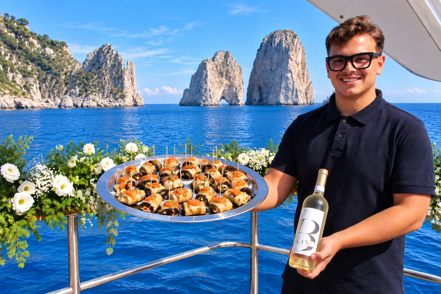 Melanzane ripiene servite a bordo del Veliero Tortuga con i Faraglioni sullo sfondo