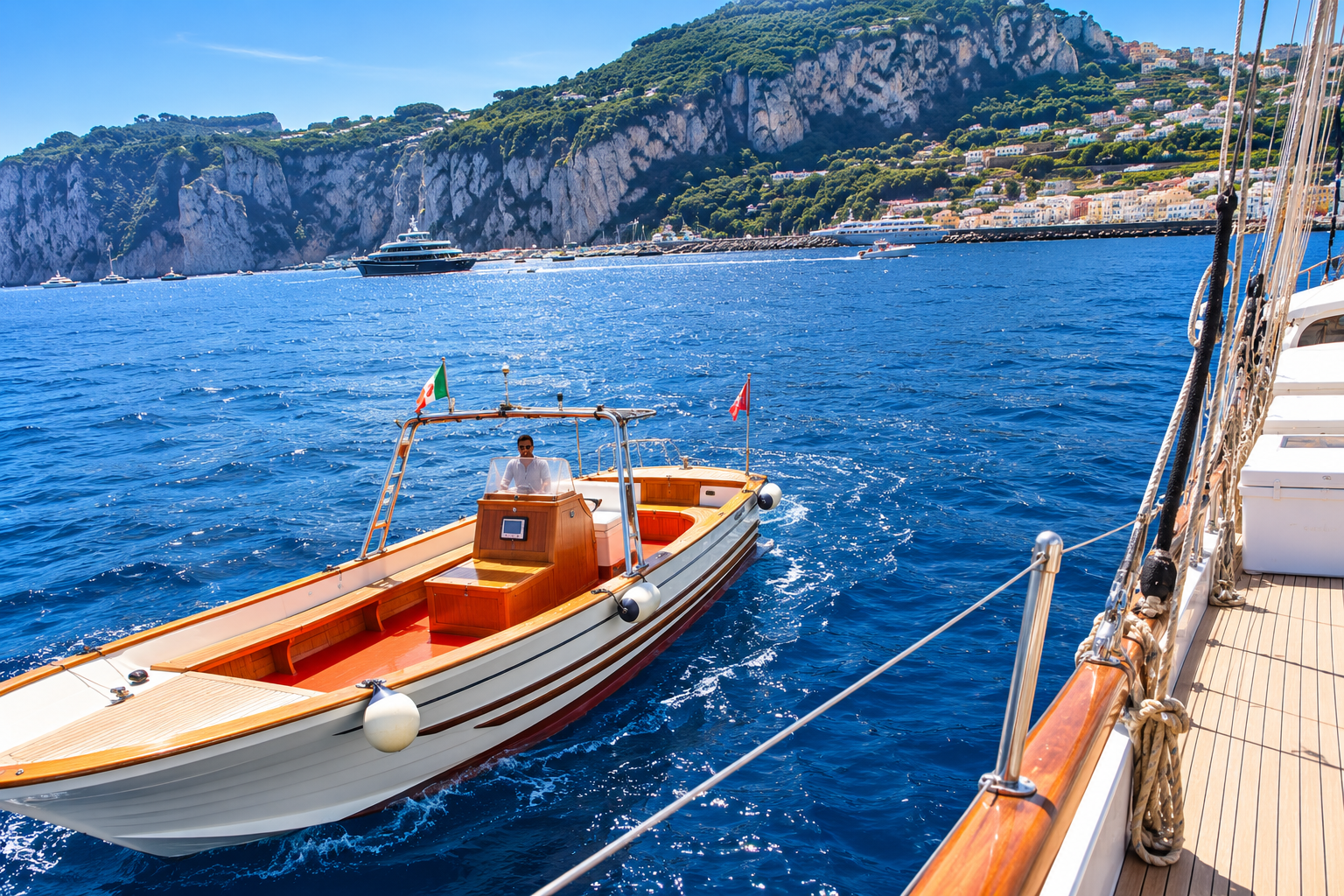 Motoscafo in navigazione accanto al Veliero Tortuga con Capri sullo sfondo
