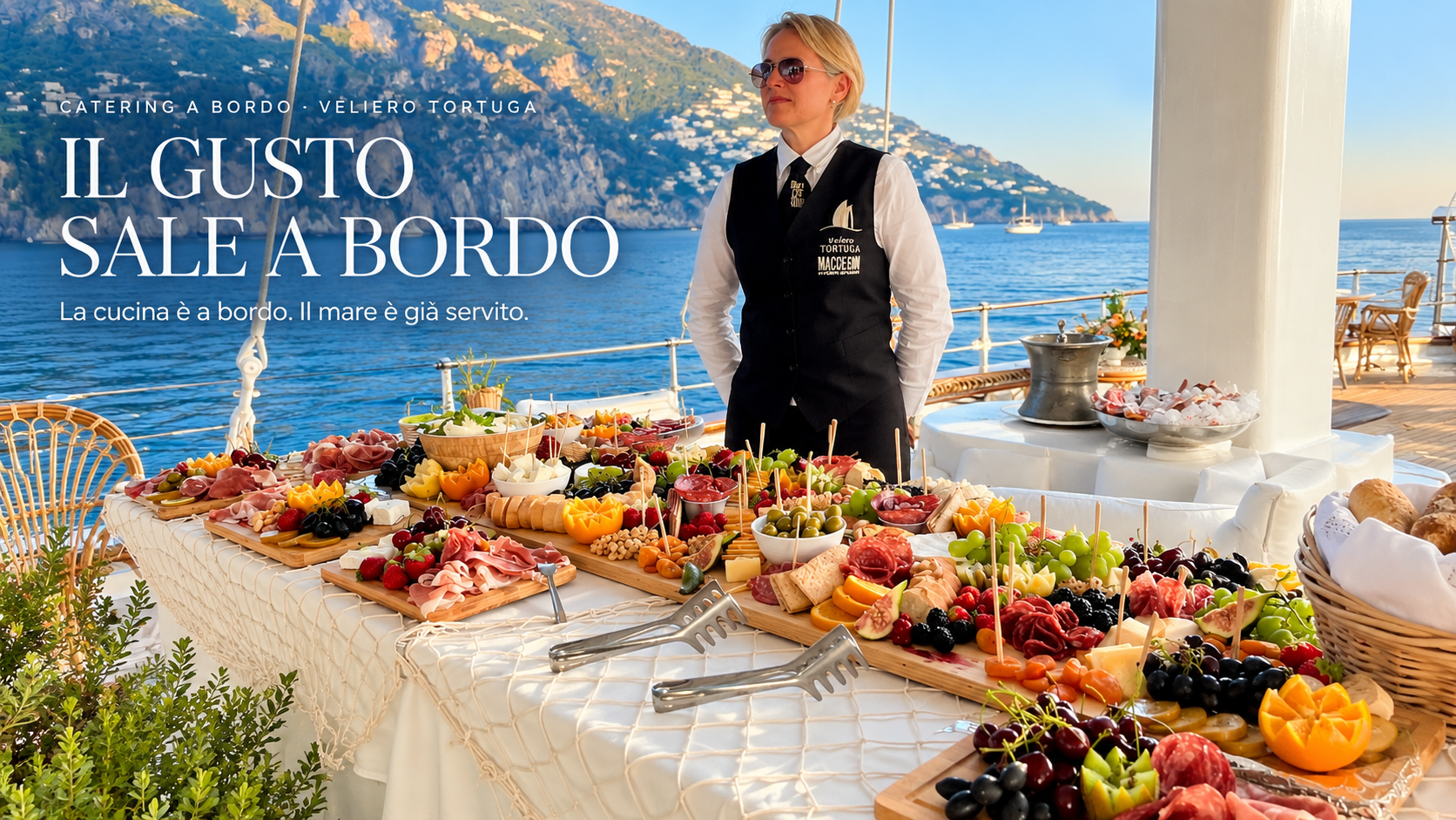 Buffet mediterraneo a bordo del Veliero Tortuga con mare e Costiera sullo sfondo
