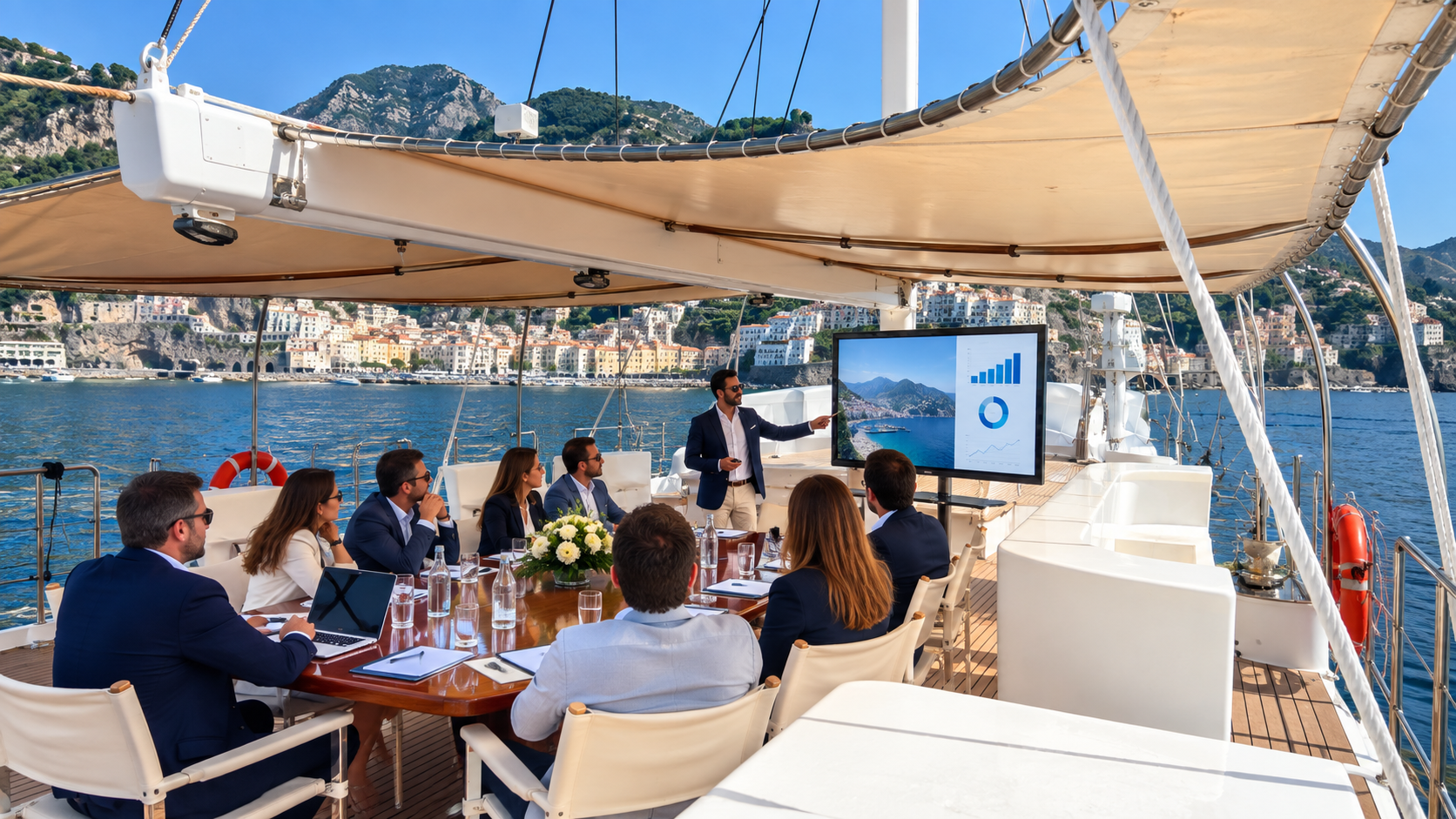 Meeting e presentazione aziendale sul ponte del Veliero Tortuga