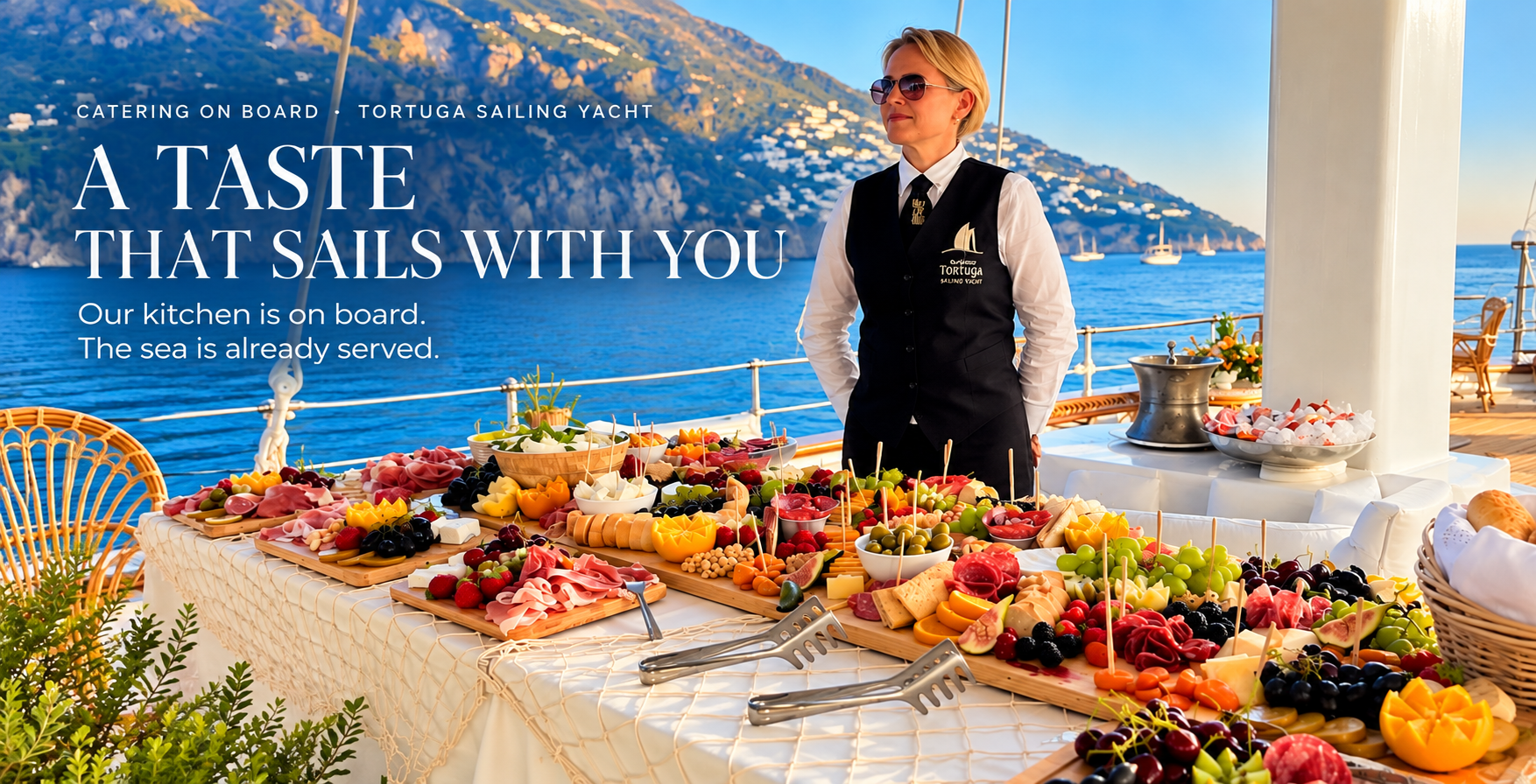 Buffet mediterraneo a bordo del Veliero Tortuga con mare e Costiera sullo sfondo