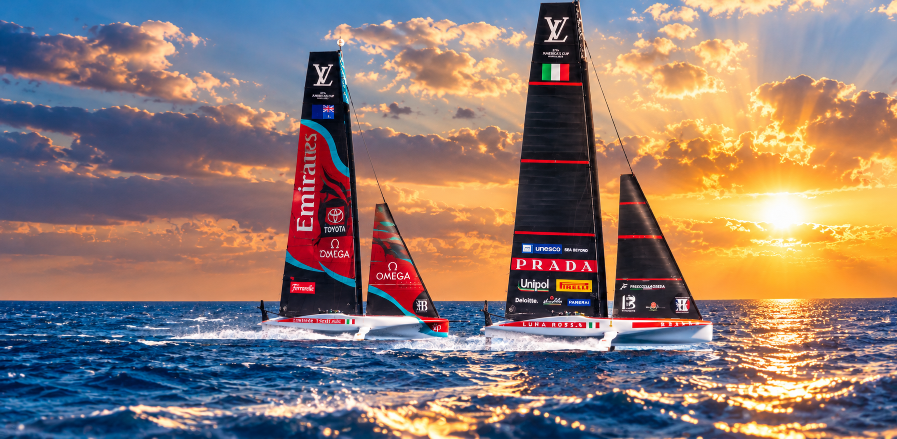 Catamarani dell’America’s Cup in regata sul mare al tramonto