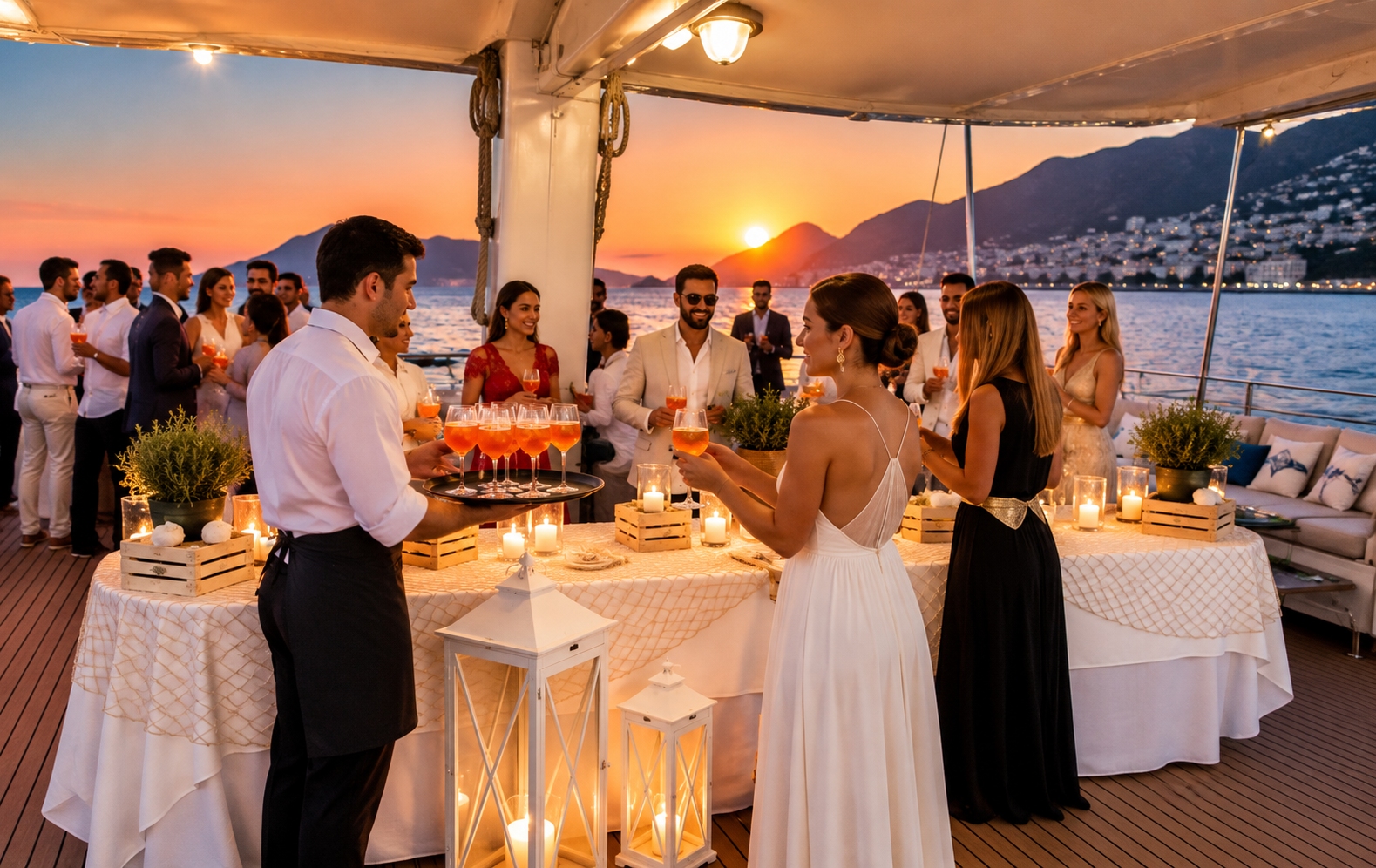 Ricevimento con aperitivo e ospiti sul ponte del Veliero Tortuga al tramonto
