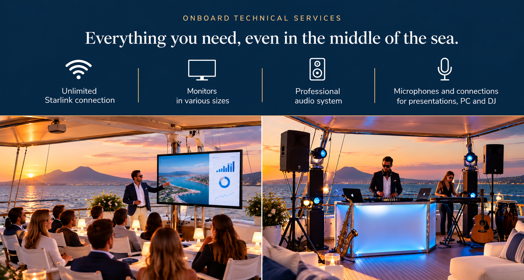 Servizi tecnici per eventi corporate a bordo del Veliero Tortuga: Starlink, monitor, audio e microfoni